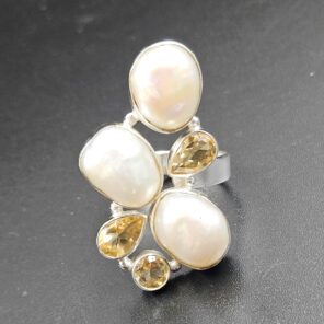 Baroque Pearl And Multi Gemstone Size US 9 925 Silver Ring (RS55-296)