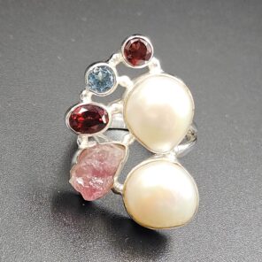 Baroque Pearl And Multi Gemstone Size US 7 925 Silver Ring (RS55-306)