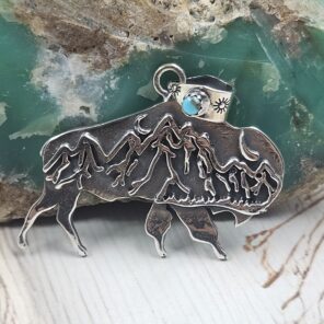 Kingman Turquoise Bull 1″ Southwest 925 Silver Pendant (RS70-11)