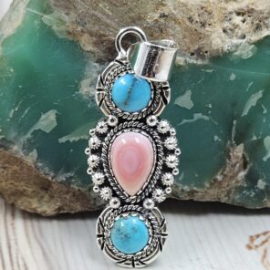 Pink Conch & Kingman Turquoise 1.5" 925 Sterling Silver Pendant (RS13-437)
