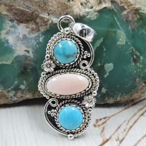 Pink Conch & Kingman Turquoise 1.5" 925 Sterling Silver Pendant (RS13-434)