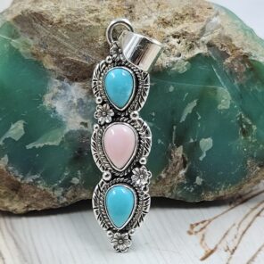 Pink Conch & Kingman Turquoise 1.5" 925 Sterling Silver Pendant (RS13-436)
