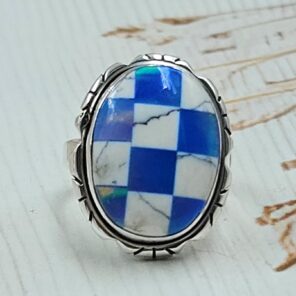 Aurora Opal Checkerboard Size US 6 925 Sterling Silver Rings (RS29-378)