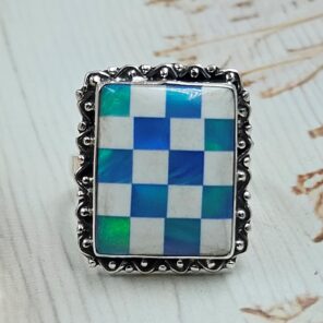 Aurora Opal Checkerboard Size US 10 925 Sterling Silver Rings (RS29-375)