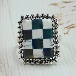 Aurora Opal Checkerboard Size US 9 925 Sterling Silver Rings (RS29-427)