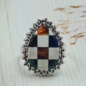 Aurora Opal Checkerboard Size US 6 925 Sterling Silver Rings (RS29-421)