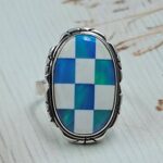 Aurora Opal Checkerboard Size US 6 925 Sterling Silver Rings (RS29-395)