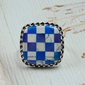 Aurora Opal Checkerboard Size US 10 925 Sterling Silver Rings (RS29-384)