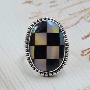 Aurora Opal Checkerboard Size US 6 925 Sterling Silver Rings (RS29-431)