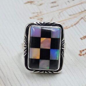 Aurora Opal Checkerboard Size US 7 925 Sterling Silver Rings (RS29-398)
