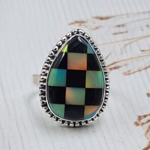 Aurora Opal Checkerboard Size US 7 925 Sterling Silver Rings (RS29-422)
