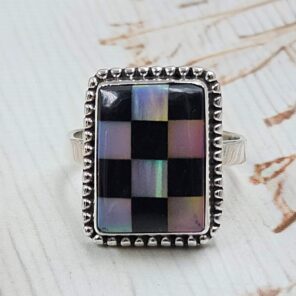 Aurora Opal Checkerboard Size US 10 925 Sterling Silver Rings (RS29-430)