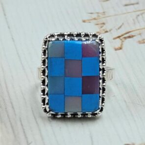 Aurora Opal Checkerboard Size US 6 925 Sterling Silver Rings (RS29-391)