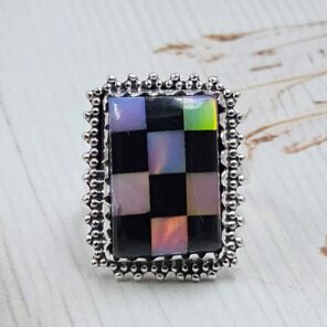Aurora Opal Checkerboard Size US 7 925 Sterling Silver Rings (RS29-409)