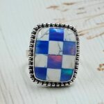 Aurora Opal Checkerboard Size US 7 925 Sterling Silver Rings (RS29-396)