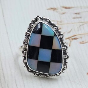 Aurora Opal Checkerboard Size US 9 925 Sterling Silver Rings (RS29-399)