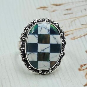 Aurora Opal Checkerboard Size US 6 925 Sterling Silver Rings (RS29-423)
