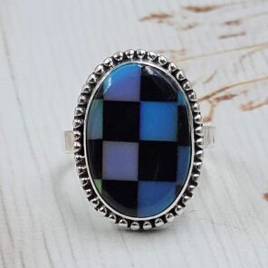 Aurora Opal Checkerboard Size US 7 925 Sterling Silver Rings (RS29-424)