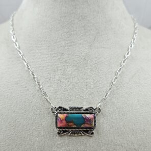 Pink Dahlia Turquoise 925 Sterling Silver Bar Necklace (RS74-78)