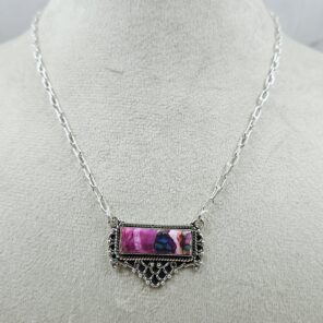 Pink Dahlia Turquoise 925 Sterling Silver Bar Necklace (RS74-79)