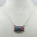 Pink Dahlia Turquoise 925 Sterling Silver Bar Necklace (RS74-80)