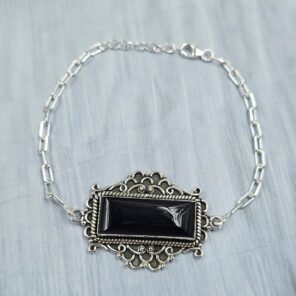 Black Onyx 925 Sterling Silver Bar Bracelet (RS74-96)