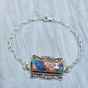 Pink Dahlia Turquoise 925 Sterling Silver Bar Bracelet (RS74-102)