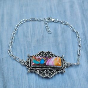 Pink Dahlia Turquoise 925 Sterling Silver Bar Bracelet (RS74-103)