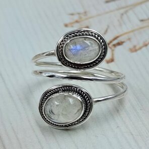 Rainbow Moonstone 925 Sterling Silver ADJ Bypass Ring (REXT71-131)