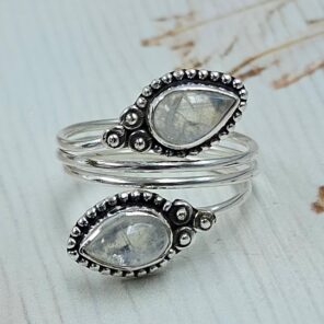 Rainbow Moonstone 925 Sterling Silver ADJ Bypass Ring (REXT71-147)