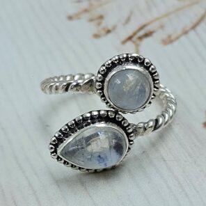 Rainbow Moonstone 925 Sterling Silver ADJ Bypass Ring (REXT47-266)