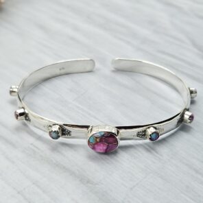 Pink Dahlia Turquoise 925 Sterling Silver Bangle (REXT8-121)