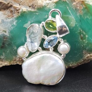 Baroque Pearl and Multi Gemstone 1.5" 925 Sterling Silver Pendant (RS58-87)