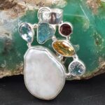 Baroque Pearl and Multi Gemstone 1.5" 925 Sterling Silver Pendant (RS58-72)