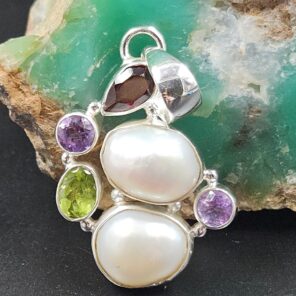 Baroque Pearl and Multi Gemstone 1.5" 925 Sterling Silver Pendant (RS58-68)