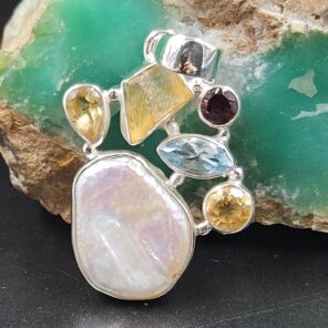 Baroque Pearl and Multi Gemstone 1.5" 925 Sterling Silver Pendant (RS58-76)