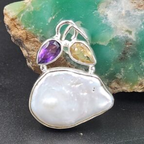 Baroque Pearl and Multi Gemstone 1.25" 925 Sterling Silver Pendant (RS58-89)