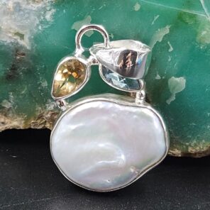 Baroque Pearl and Multi Gemstone 1.25" 925 Sterling Silver Pendant (RS58-90)