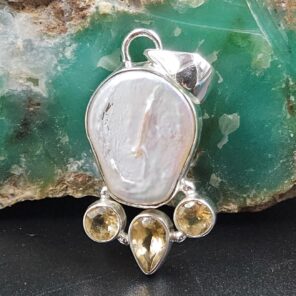 Baroque Pearl and Multi Gemstone 1.25" 925 Sterling Silver Pendant (RS58-55)