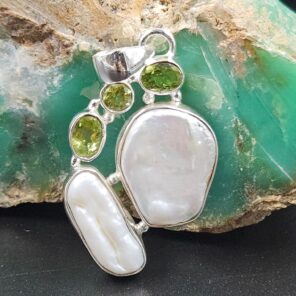 Baroque Pearl and Multi Gemstone 1.5" 925 Sterling Silver Pendant (RS58-42)
