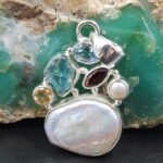 Baroque Pearl and Multi Gemstone 1.5" 925 Sterling Silver Pendant (RS58-74)