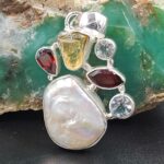 Baroque Pearl and Multi Gemstone 1.5" 925 Sterling Silver Pendant (RS58-77)