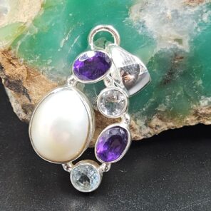 Baroque Pearl and Multi Gemstone 1.25" 925 Sterling Silver Pendant (RS58-91)