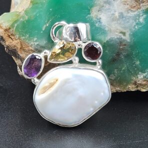 Baroque Pearl and Multi Gemstone 1.25" 925 Sterling Silver Pendant (RS58-66)