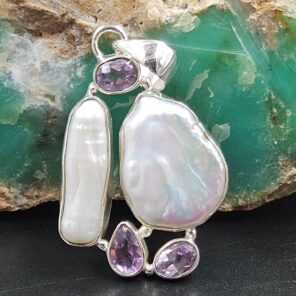 Baroque Pearl and Multi Gemstone 1.5" 925 Sterling Silver Pendant (RS58-46)