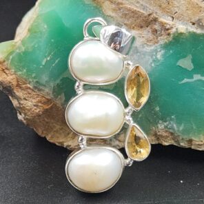 Baroque Pearl and Multi Gemstone 1.5" 925 Sterling Silver Pendant (RS58-56)