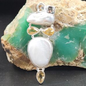 Baroque Pearl and Multi Gemstone 2" 925 Sterling Silver Pendant (RS58-57)