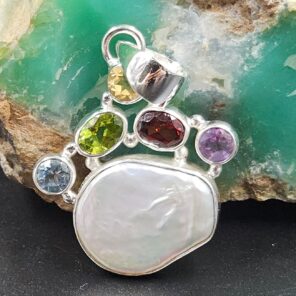 Baroque Pearl and Multi Gemstone 1.25" 925 Sterling Silver Pendant (RS58-65)