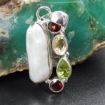 Baroque Pearl and Multi Gemstone 1.5" 925 Sterling Silver Pendant (RS58-71)