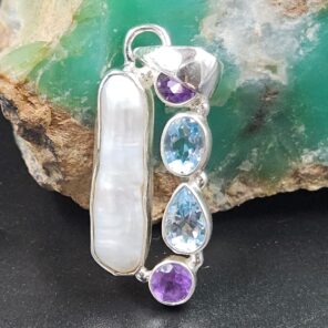 Baroque Pearl and Multi Gemstone 1.25" 925 Sterling Silver Pendant (RS58-82)